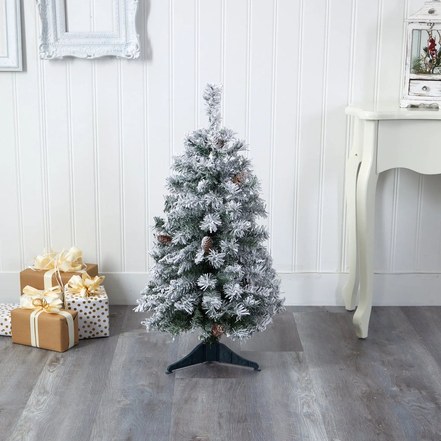 Flocked White River Mountain Pine Christmas Tree, 3 ft, pinecone accents on Tampa Home & Garden Store