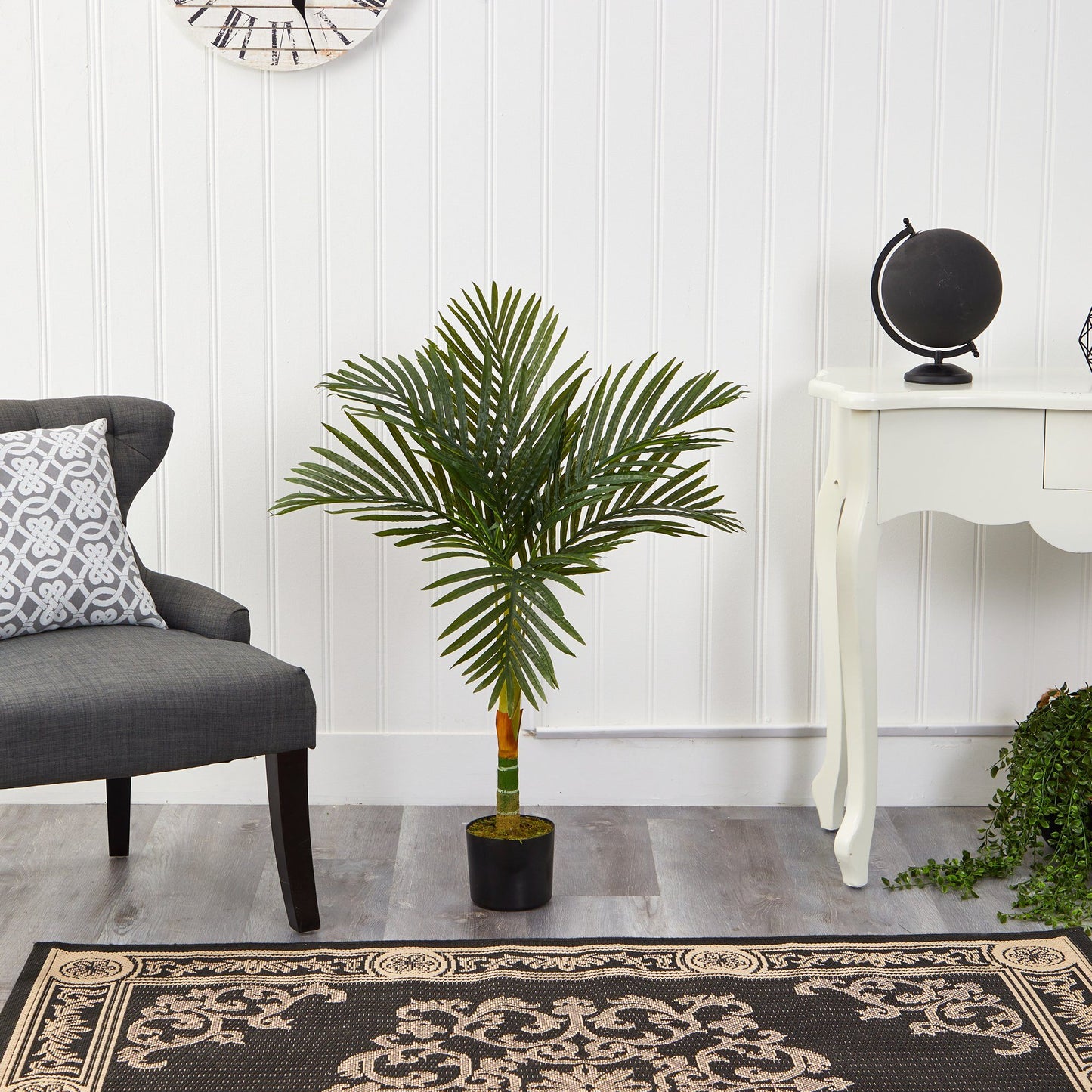 3’ Single Stalk Golden Cane Artificial Palm Tree in black pot with green fronds by Nearly Natural on white backdrop on Tampa Home & Garden Store