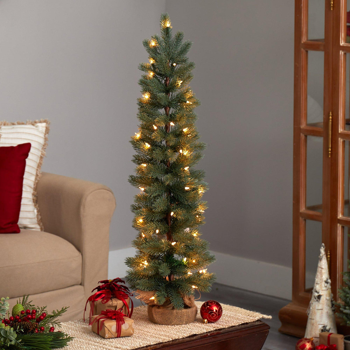 3 ft green pine artificial Christmas tree with 50 warm white lights on burlap base on Tampa Home & Garden Store