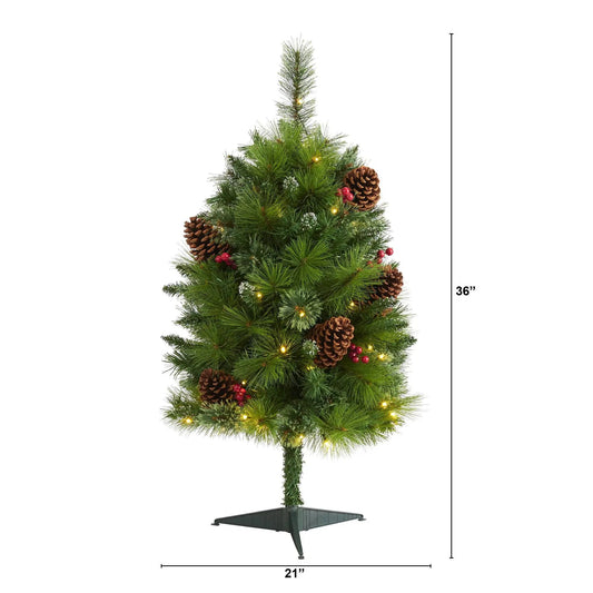 3 ft Nearly Natural Montana Mixed Pine Tree with LED Lights pinecones and red berries on a stand on Tampa Home & Garden Store