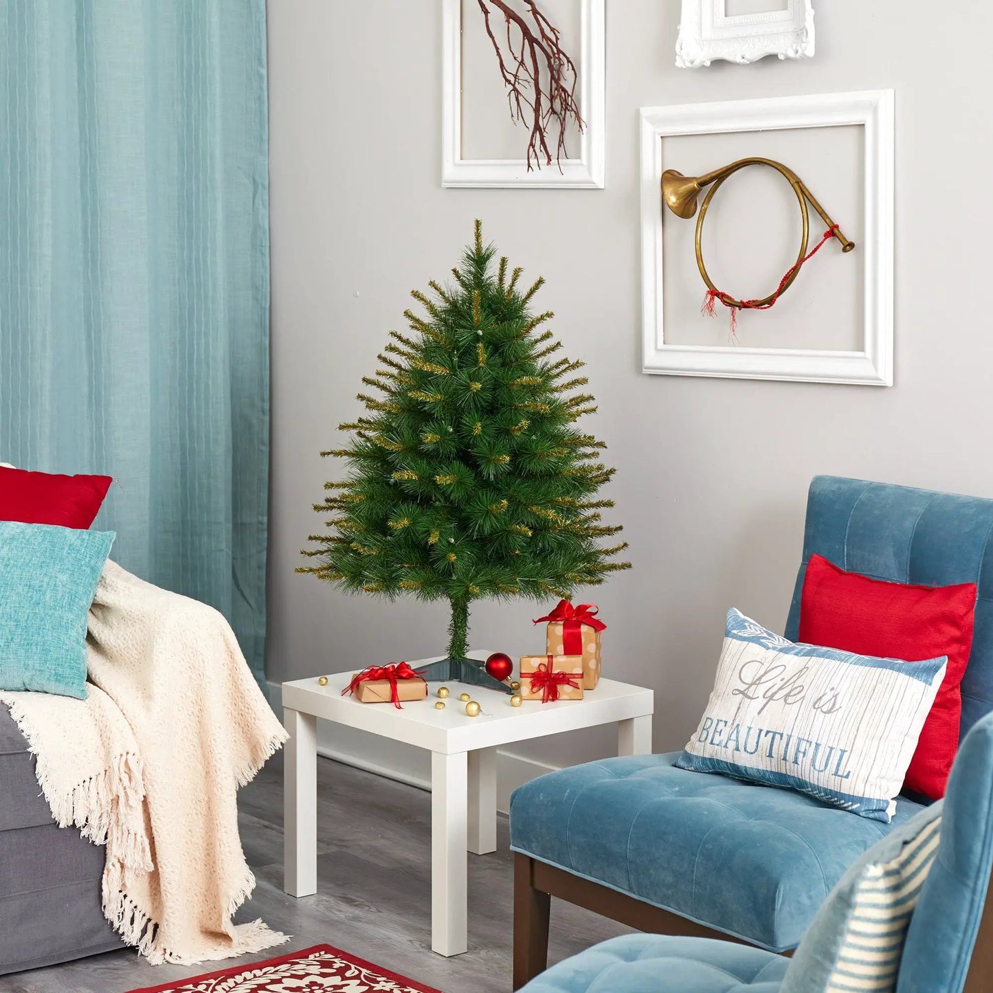 3 ft New England Pine Tree with 50 Lights by Nearly Natural Christmas tree in living room on Tampa Home & Garden Store