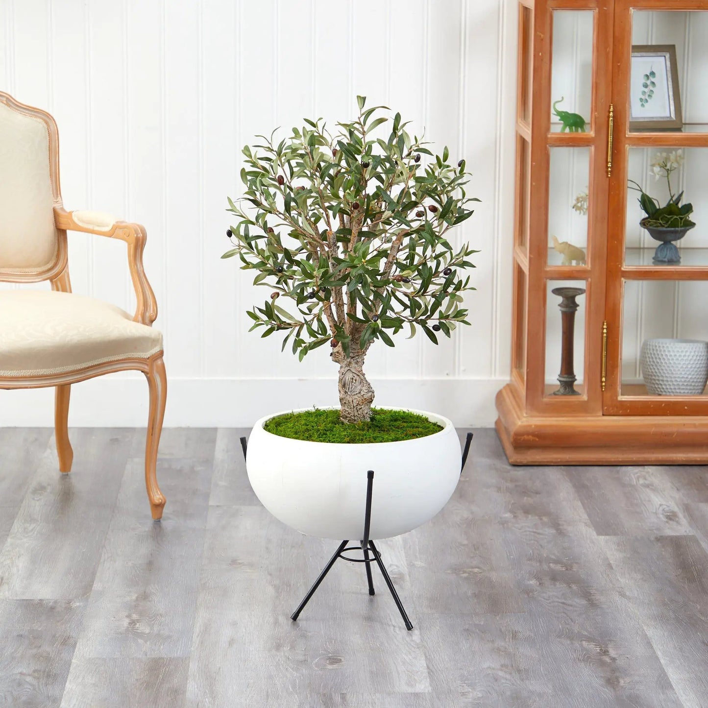 Olive artificial tree in white planter with metal stand, Nearly Natural on Tampa Home & Garden Store