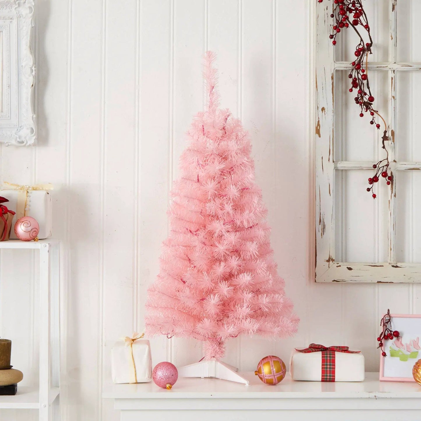 Pink artificial Christmas tree with 50 LED lights Nearly Natural brand on Tampa Home & Garden Store