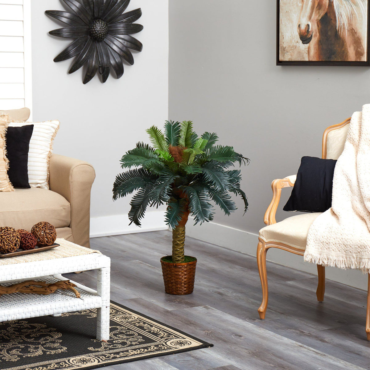 Nearly Natural 3’ Sago Palm artificial tree with dark green fronds in a wicker pot on Tampa Home & Garden Store