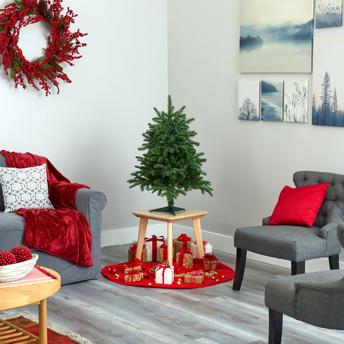 3 ft Nearly Natural South Carolina Spruce artificial Christmas tree with 100 lights in living room on Tampa Home & Garden Store
