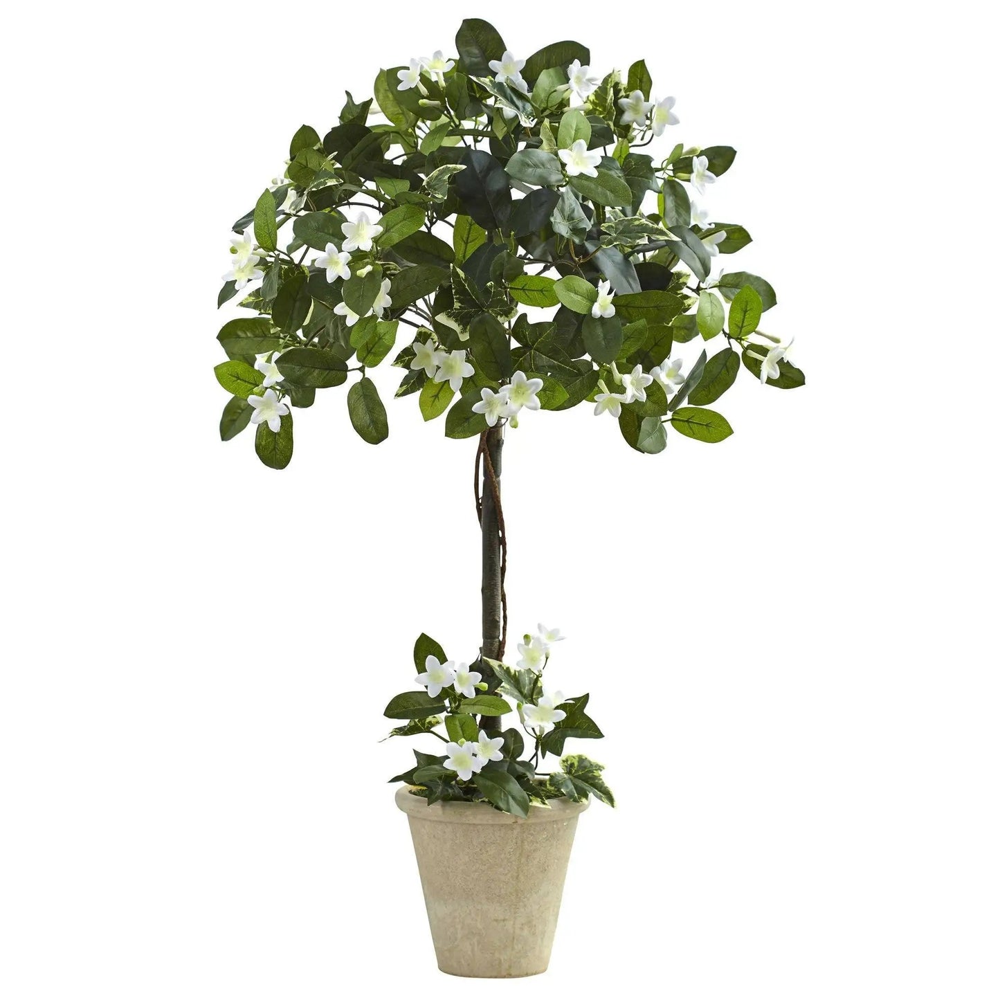3 ft Stephanotis topiary in pot; Nearly Natural artificial flowering plant with white blooms on Tampa Home & Garden Store