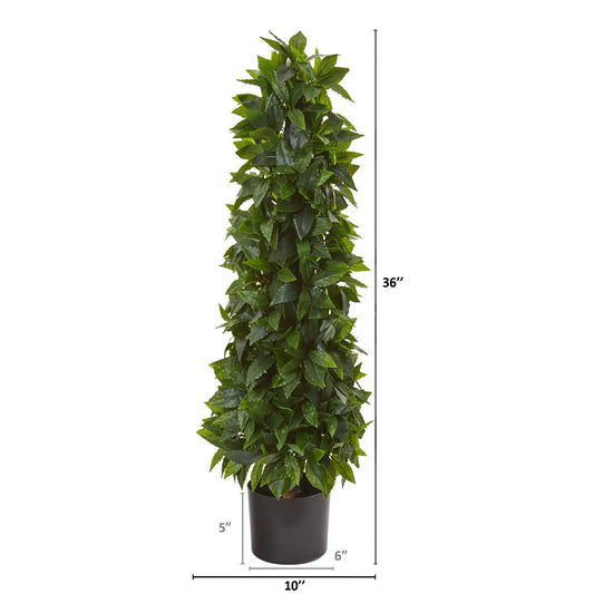 Sweet Bay Cone Topiary Artificial Tree by Nearly Natural, 3 ft tall in black pot on Tampa Home & Garden Store