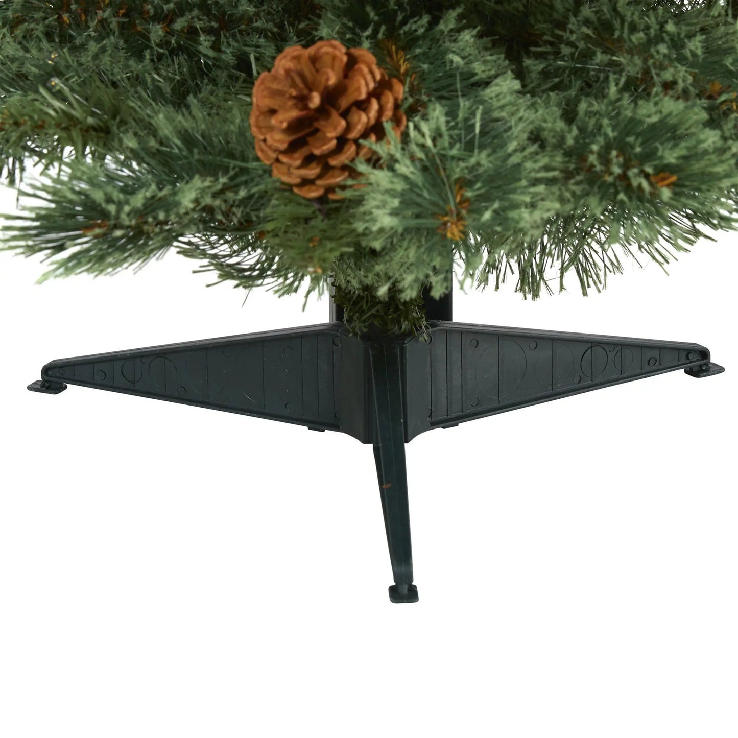 Artificial green mountain pine tree with a pine cone accent on black base on Tampa Home & Garden Store