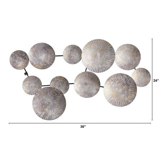 Galvanized textured circular plates wall art linked by black rods in silver antique finish, discs on Tampa Home & Garden Store