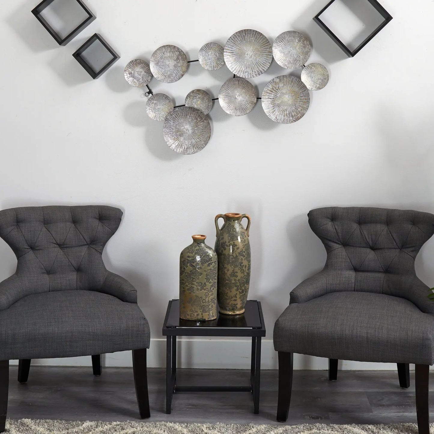 Galvanized textured circular plate wall art in antique silver finish on Tampa Home & Garden Store