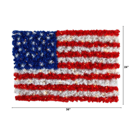 American Flag Wall Panel with 100 warm LED lights, blue red white tinsel garland 36 inches wide on Tampa Home & Garden Store