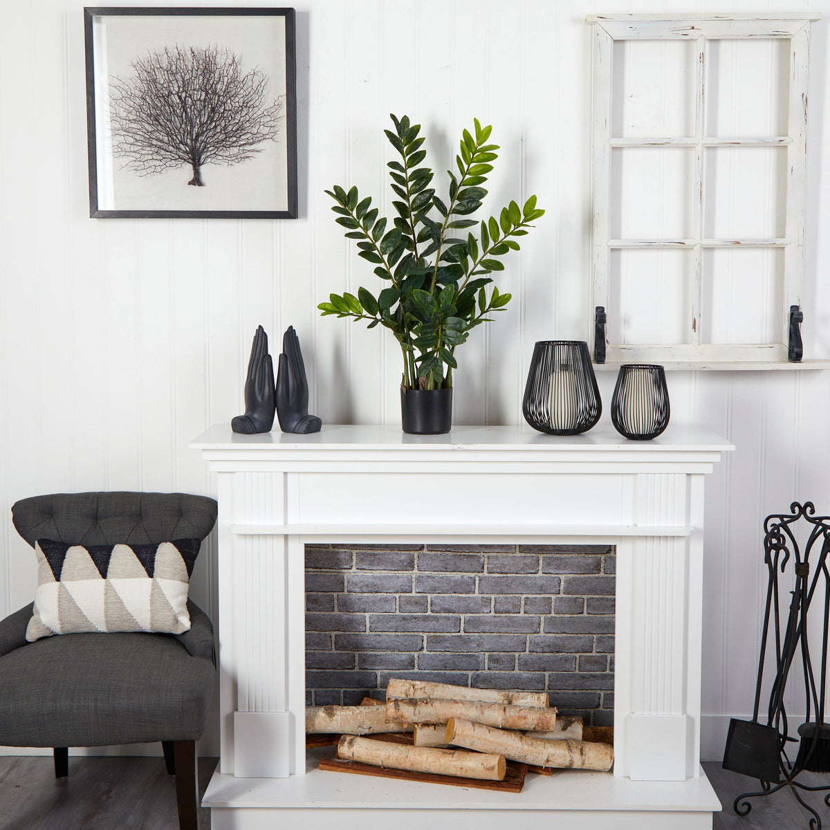 Nearly Natural 3 ft Zamioculcas artificial plant in black pot with glossy green leaves on mantel on Tampa Home & Garden Store