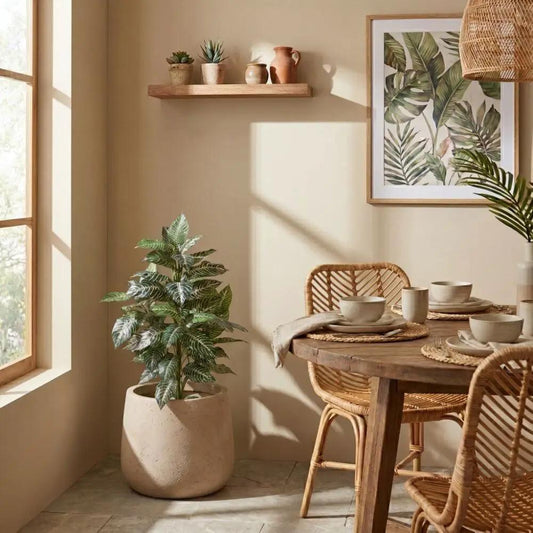 Zebra Silk Plant, 3 ft tall with white stripes, Nearly Natural artificial plant in beige pot on Tampa Home & Garden Store