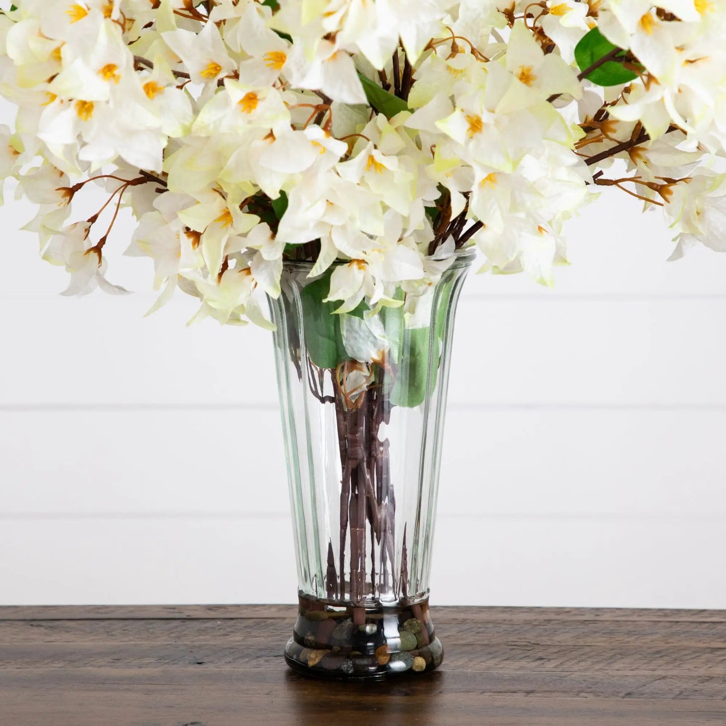 30-inch Nearly Natural white bougainvillea display in a clear glass vase on Tampa Home & Garden Store