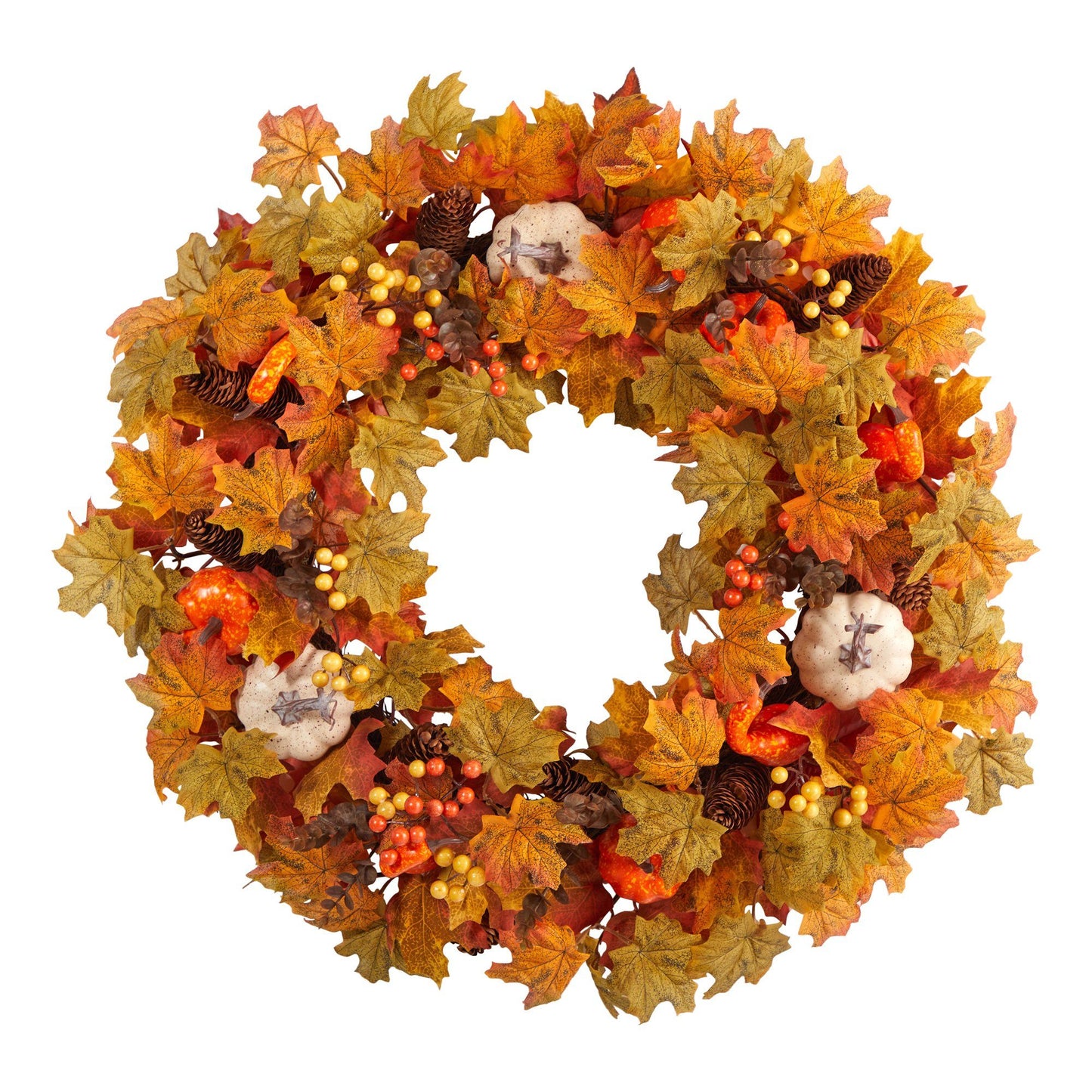 30” Autumn Pumpkin & Maple Leaf Wreath Nearly Natural orange maple leaves pumpkins pinecones on Tampa Home & Garden Store
