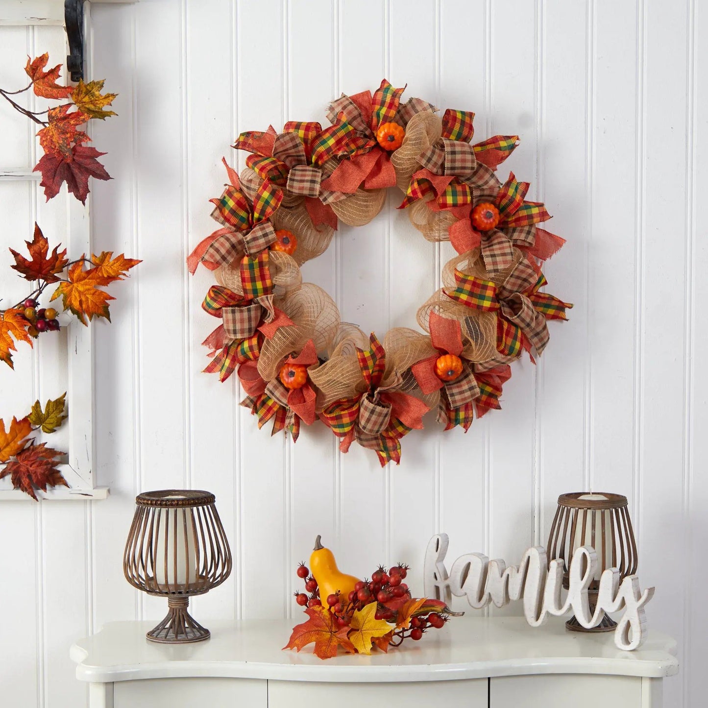 Autumn Pumpkin Wreath with Bows 30 inch plaid ribbons on Tampa Home & Garden Store