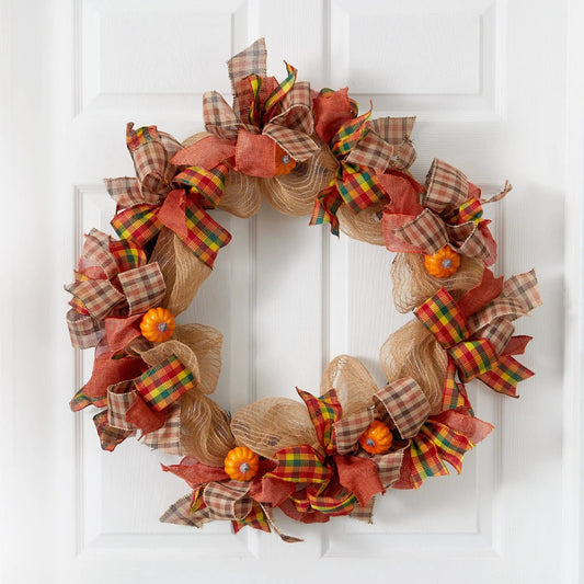 30” Autumn Pumpkin with Decorative Bows Artificial Fall Wreath - Tampa Home & Garden Store