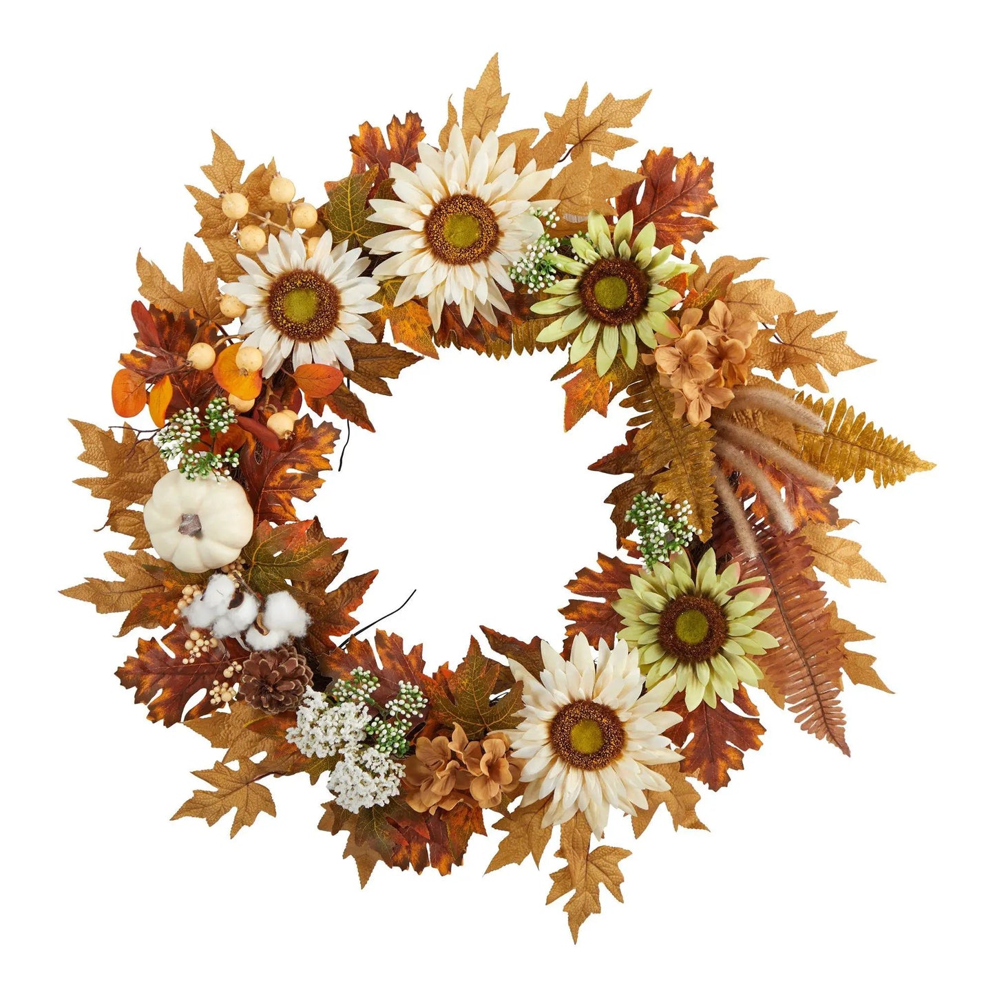 Autumn Sunflower White Pumpkin and Berries Wreath 30-inch Nearly Natural fall wreath on Tampa Home & Garden Store
