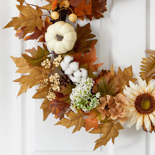 30” Autumn Sunflower, White Pumpkin and Berries Artificial Fall Wreath - Tampa Home & Garden Store