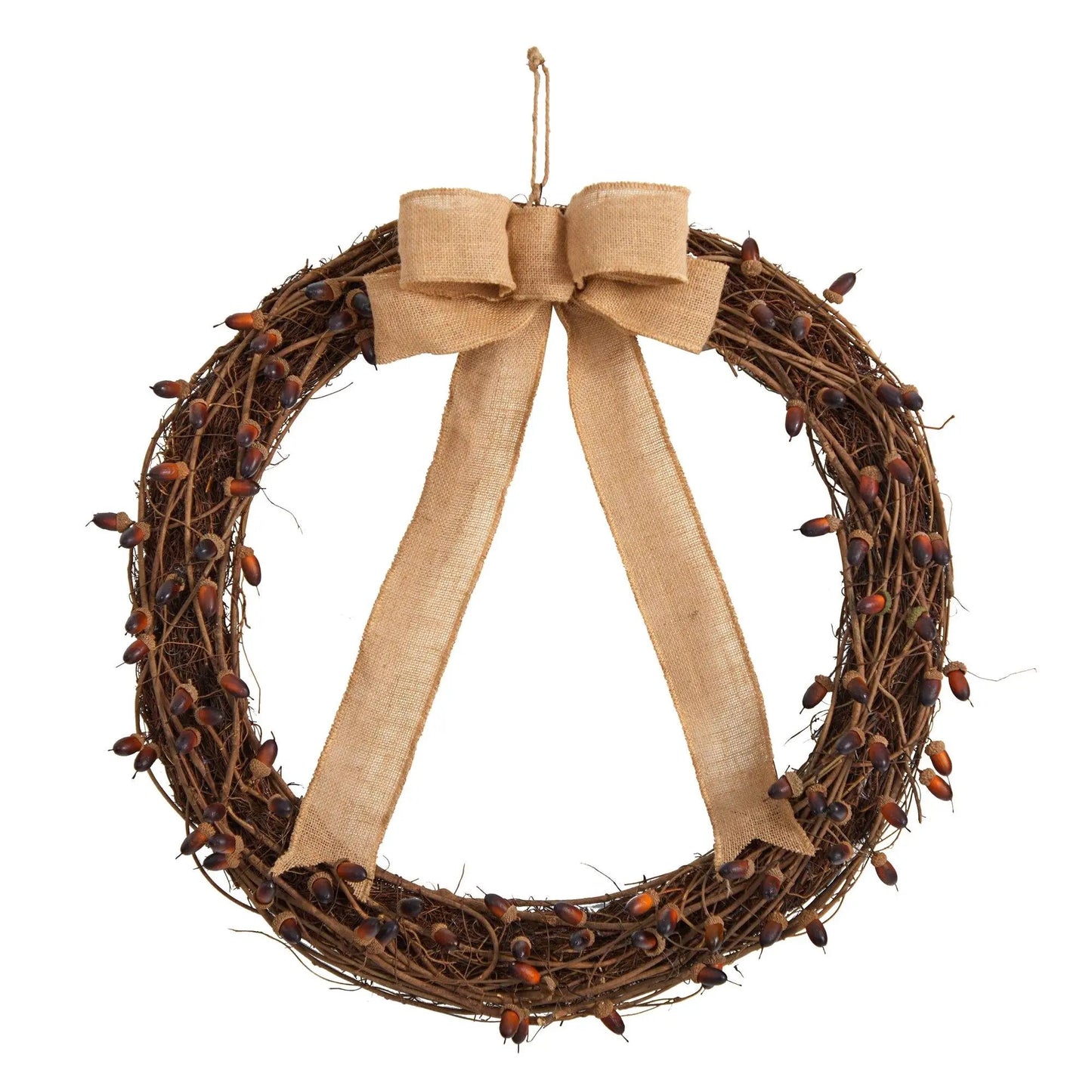 Wreath 30-Inch Fall Acorn and Decorative Bow featuring burlap bow on a natural twig base on Tampa Home & Garden Store