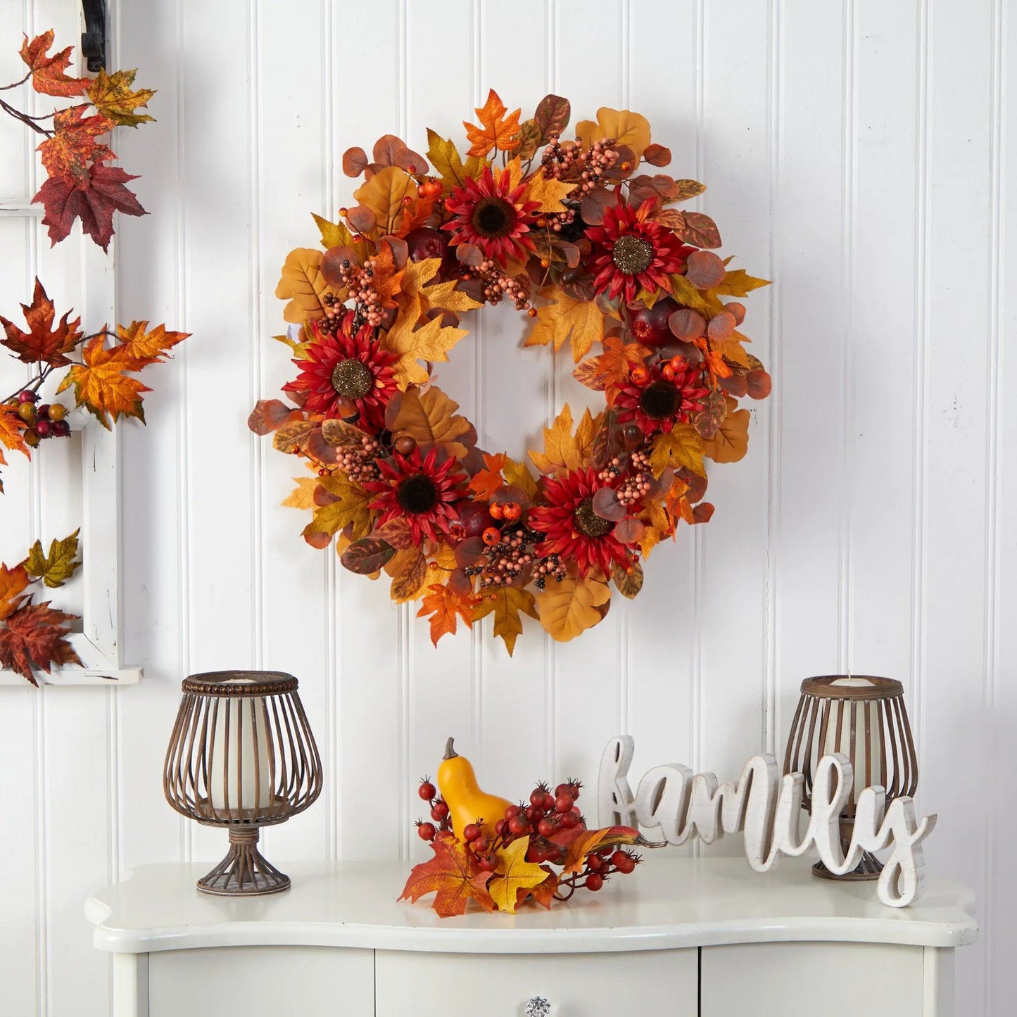 30 Inch Fall Acorn Sunflower Berries Wreath by Nearly Natural with orange leaves on Tampa Home & Garden Store