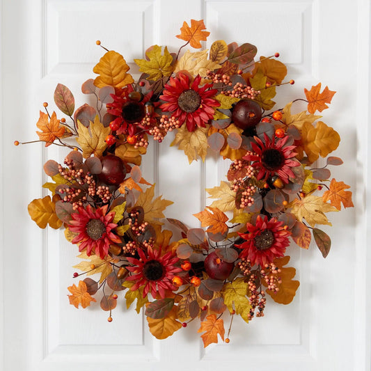 30” Fall Acorn, Sunflower, Berries and Autumn Foliage Artificial Wreath - Tampa Home & Garden Store