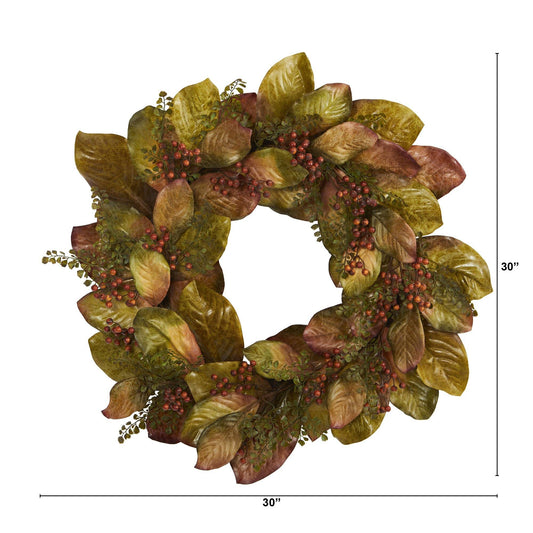 30in Magnolia Leaf and Berries Wreath by Nearly Natural, artificial leaves with red berries on Tampa Home & Garden Store