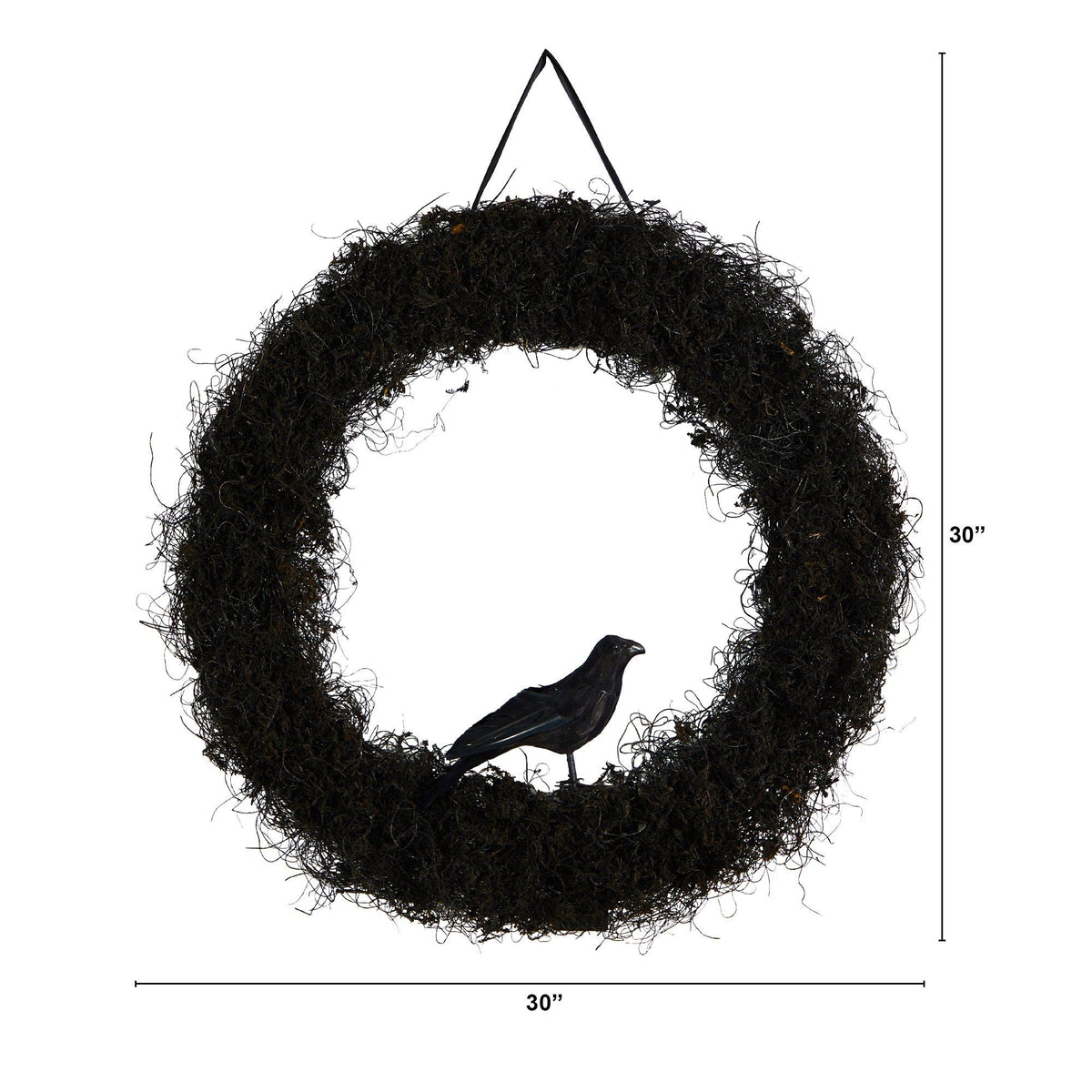 30-inch Halloween Black Raven Twig Wreath by Nearly Natural with raven perched on twig ring on Tampa Home & Garden Store