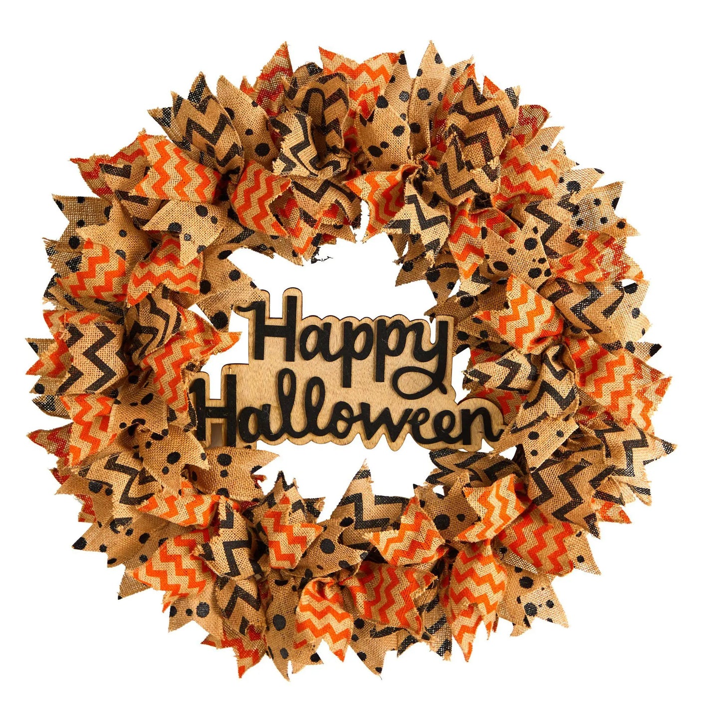 Thirty Inch Halloween Burlap Ribbon Wreath with orange chevron and black polka-dot ribbons on Tampa Home & Garden Store