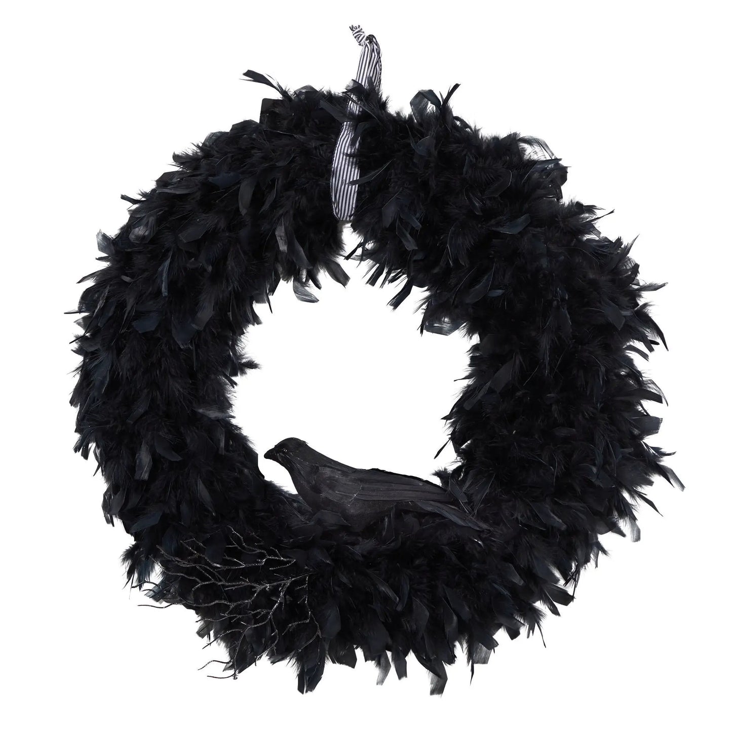 Thirty Inch Halloween Raven Wreath with black feathers and striped ribbon by Nearly Natural on Tampa Home & Garden Store