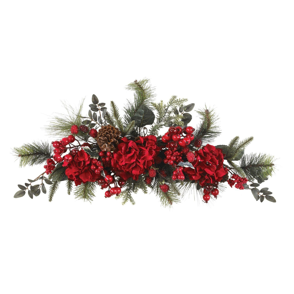 30in Holiday Hydrangea Swag Nearly Natural with red blooms, pinecones and berries on Tampa Home & Garden Store
