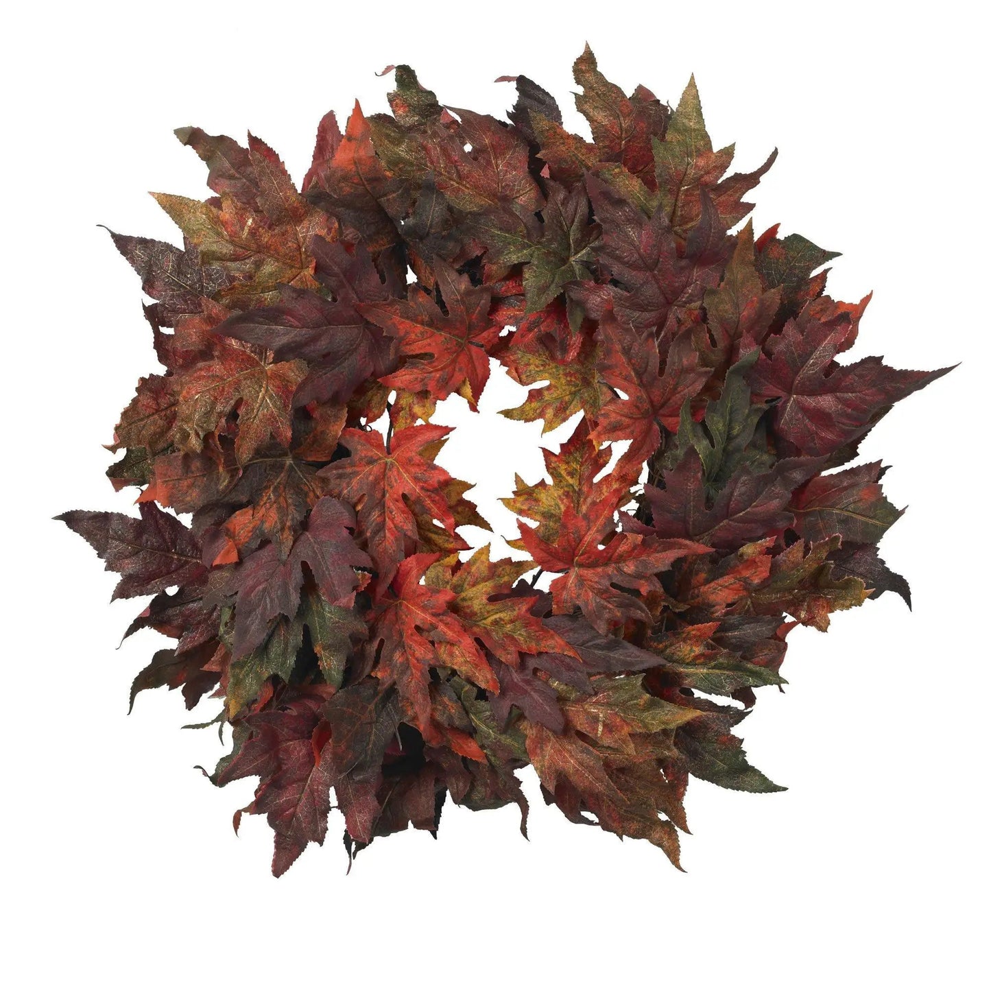 Autumn Maple Leaf Wreath 30-inch Nearly Natural burgundy, orange and green leaves on Tampa Home & Garden Store
