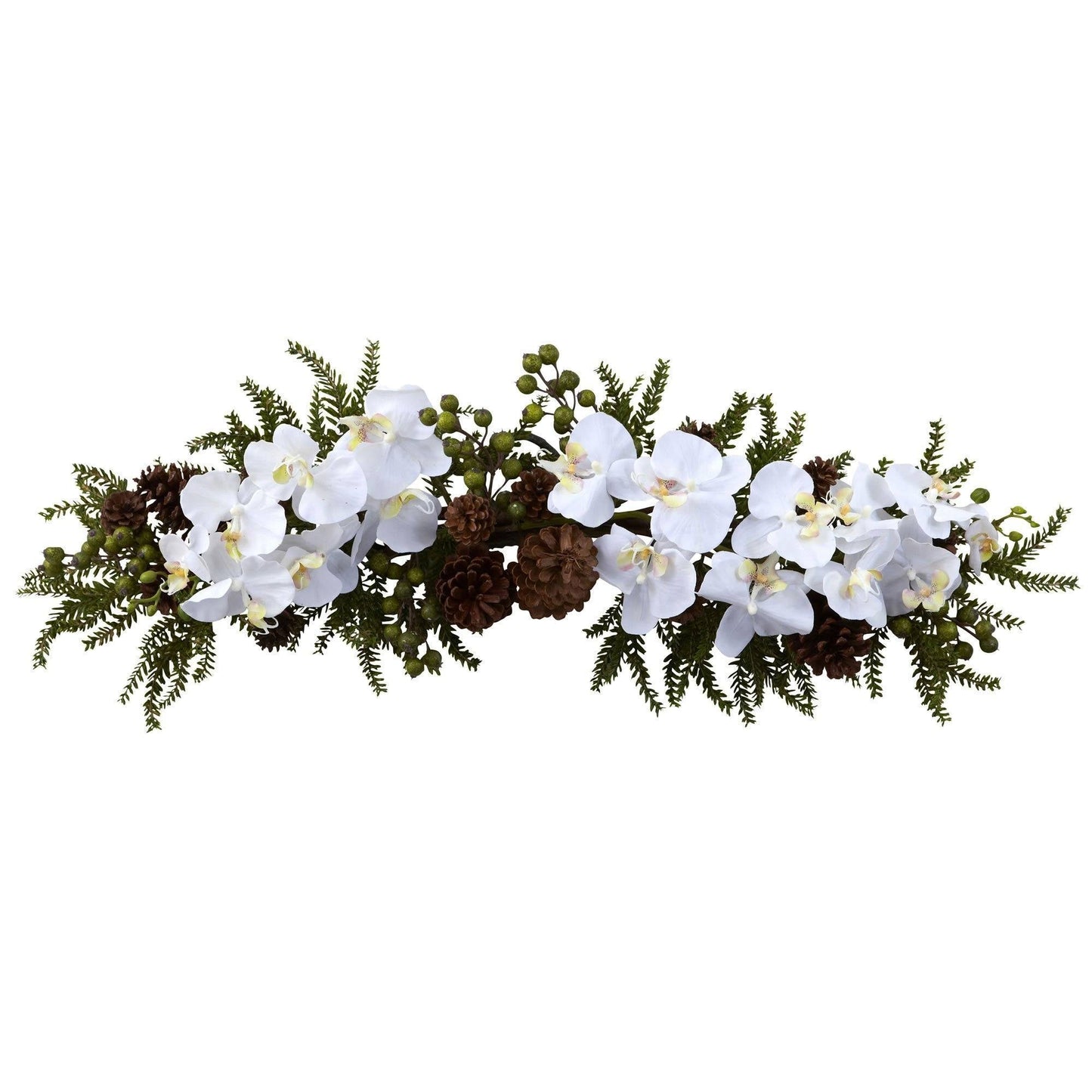 30-inch Phalaenopsis artificial orchid and pine swag with white blooms, pinecones, and greenery on Tampa Home & Garden Store