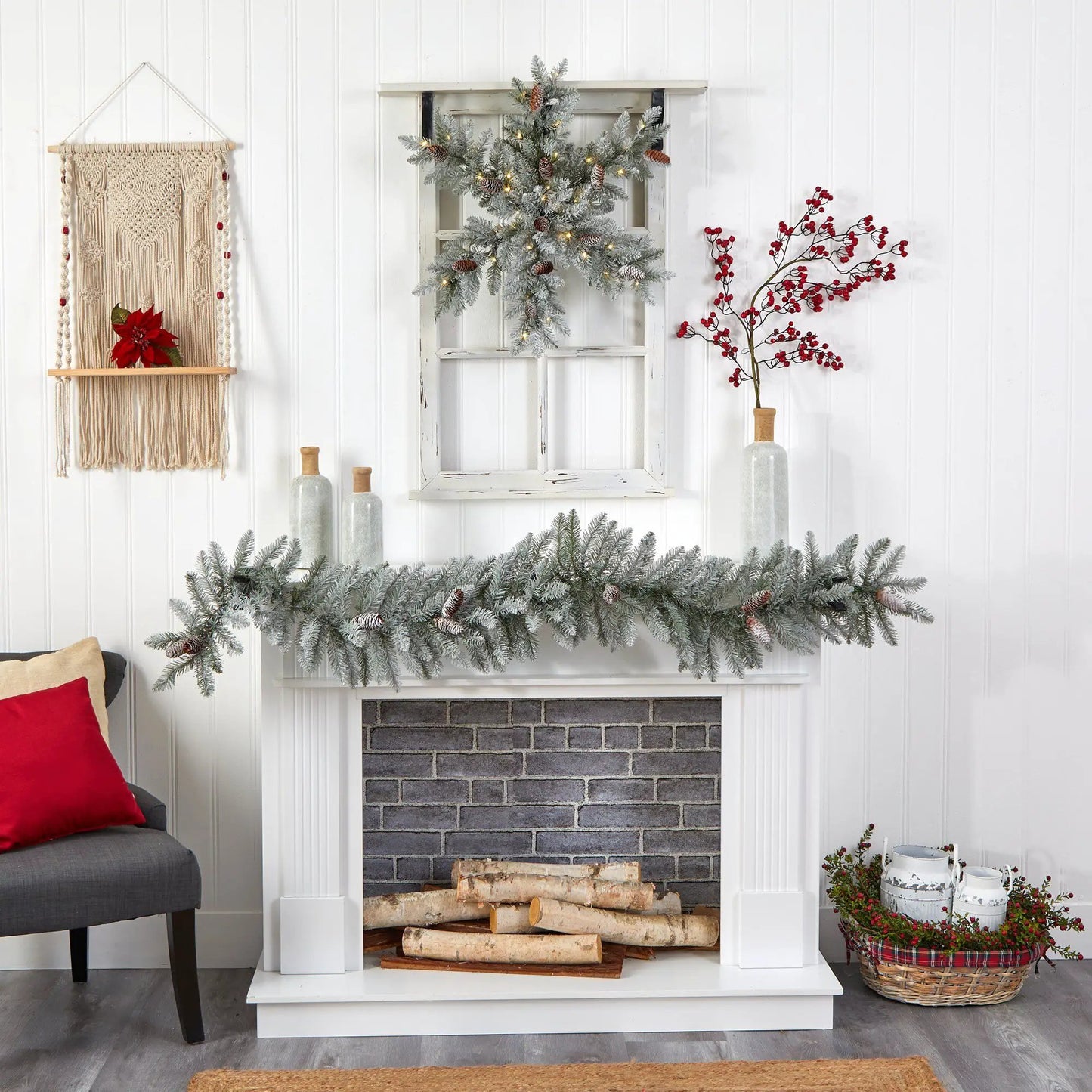 Wreath 30-Inch Pre-Lit Flocked Snowflake Fir with pinecones and warm LEDs Nearly Natural on Tampa Home & Garden Store