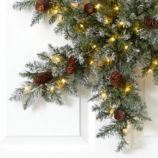 30” Pre-Lit Flocked Snowflake Artificial Dunhill Fir Wreath with Pinecones and 40 LED Lights - Tampa Home & Garden Store