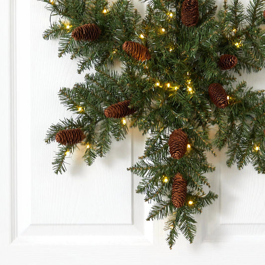 30β Pre-Lit Snowflake Artificial Dunhill Fir Wreath with Pinecones and 40 LED Lights - Tampa Home & Garden Store