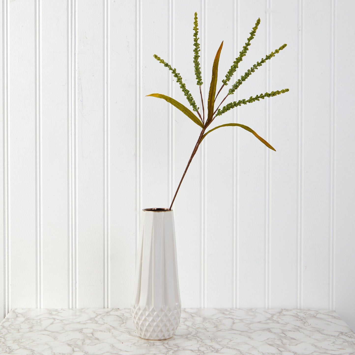 30” Wheat Harvest artificial flower stem set of 12 in white diamond vase with green grain spikes on Tampa Home & Garden Store