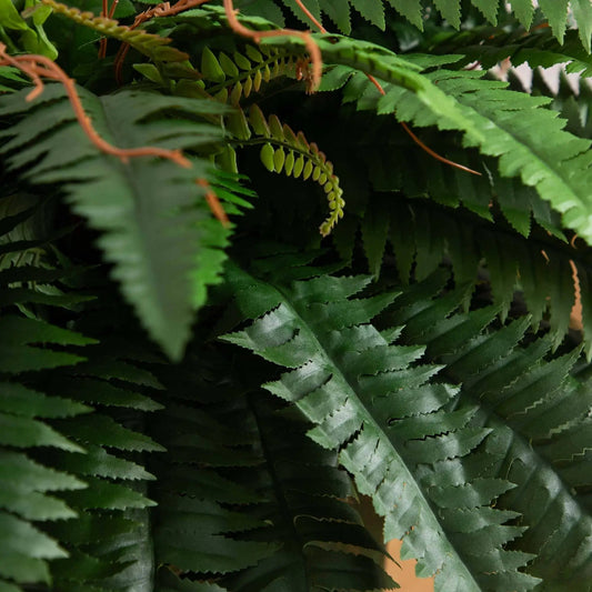 Artificial Boston Fern plant close-up with lush green fronds and brown stems on Tampa Home & Garden Store