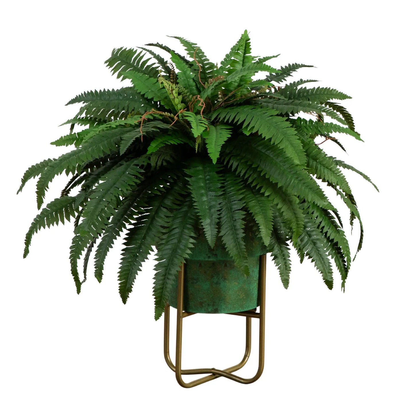 Artificial Boston Fern in patina metal planter with green fronds Nearly Natural on Tampa Home & Garden Store