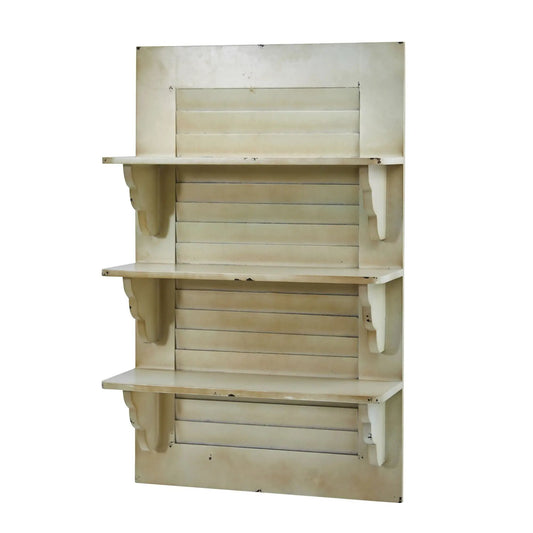 Vintage window shutter shelving wall decor with three-tier louvers in distressed cream on Tampa Home & Garden Store