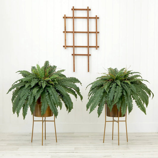 Artificial Boston Fern Kit with Metal Planters; two ferns in brown planters on gold stands on Tampa Home & Garden Store