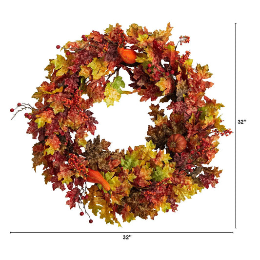 32” Autumn Oak Leaf, Berries and Pumpkin Artificial Autumn Wreath - Tampa Home & Garden Store