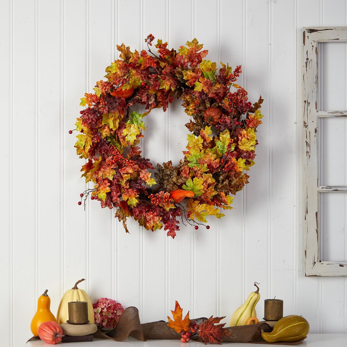 32in Oak Leaf Wreath with Berries and Pumpkins, autumn leaves and berries on white backdrop on Tampa Home & Garden Store