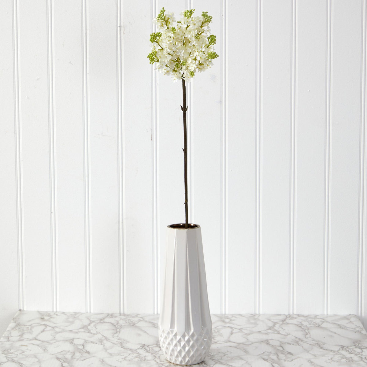 32in Lilac artificial flower stem set of 4 with blossoms and green buds in a white vase on Tampa Home & Garden Store