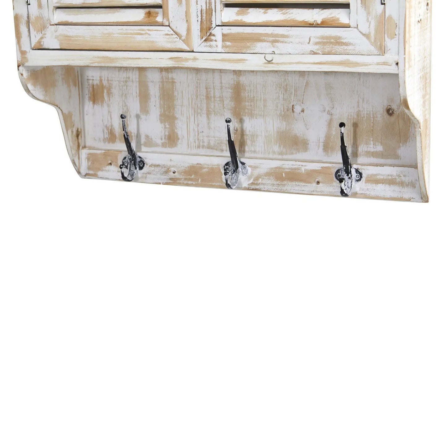 White Washed Wall Cabinet with Hooks, distressed white finish, three black metal hooks on Tampa Home & Garden Store