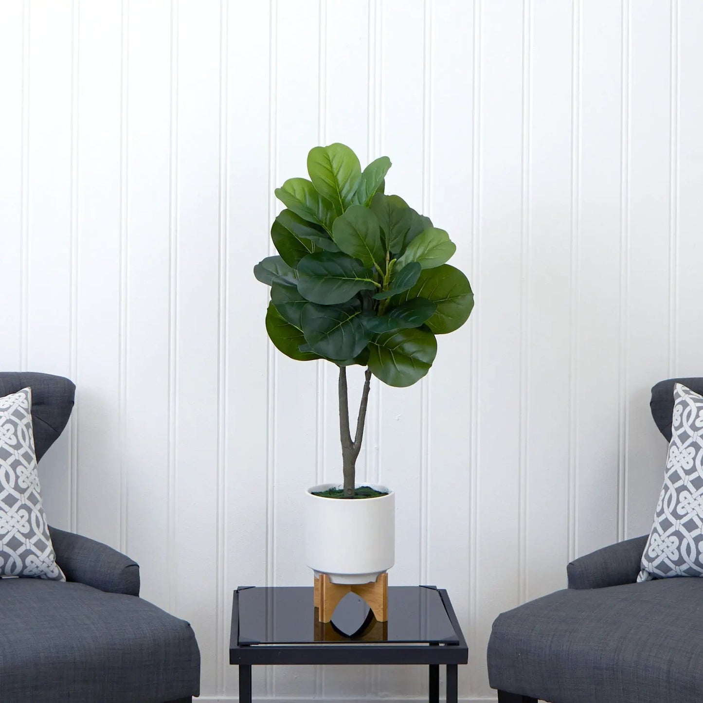 33-inch Nearly Natural artificial fiddle leaf fig with stand planter in white pot on Tampa Home & Garden Store