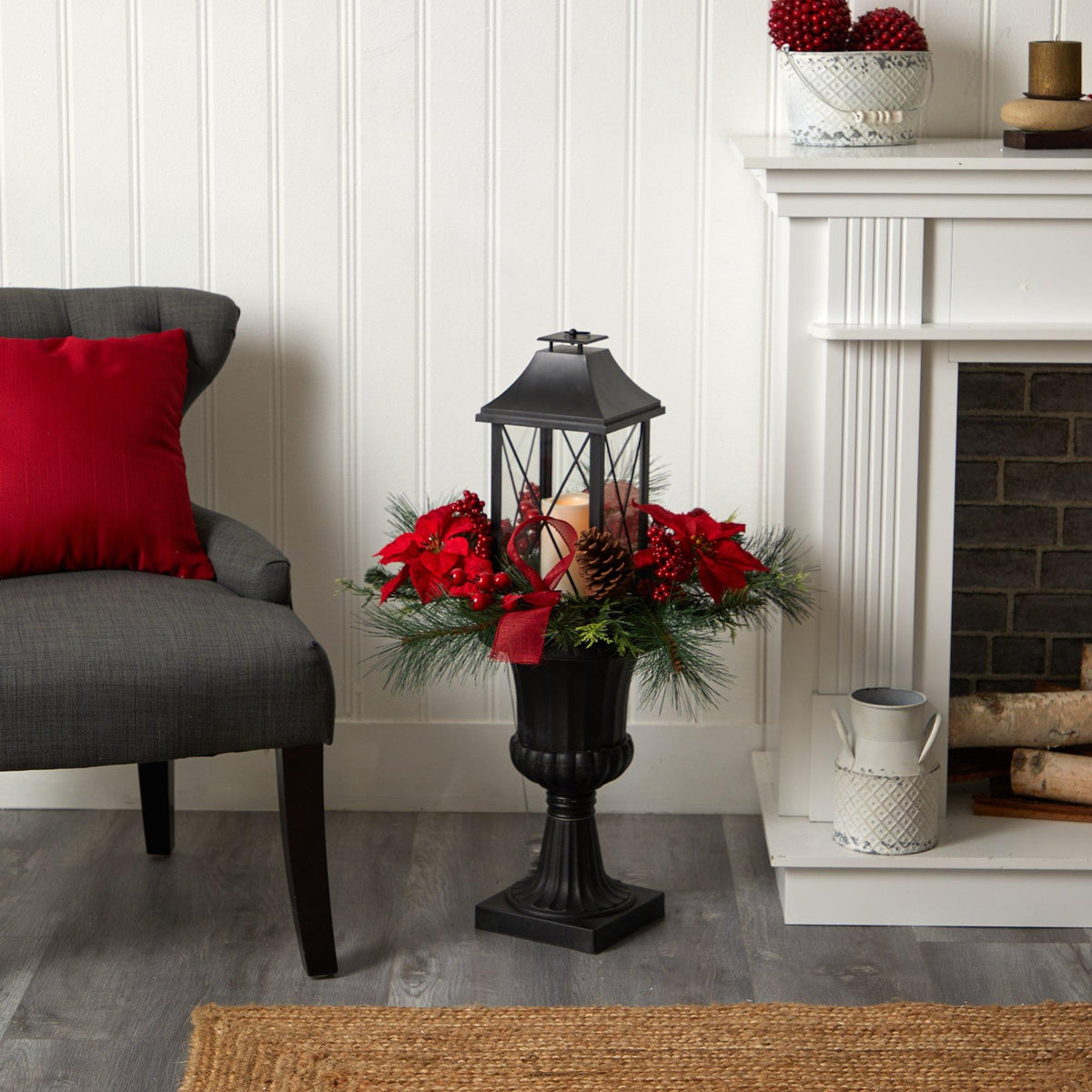 33” Holiday Berries and Poinsettia arrangement with large lantern and LED candle by Nearly Natural on Tampa Home & Garden Store