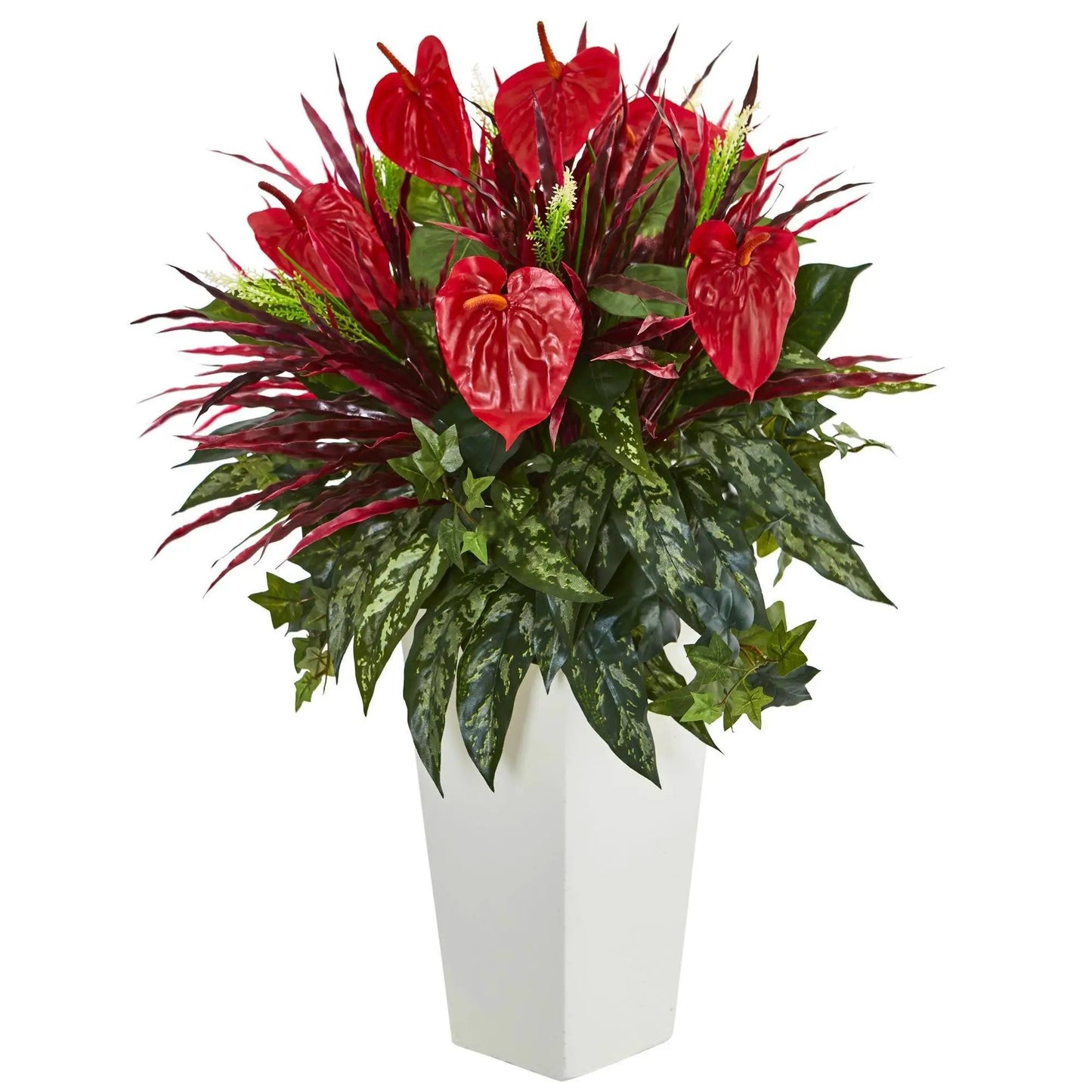 33 inch mixed red anthurium artificial plant in white tower vase by Nearly Natural on Tampa Home and Garden Store