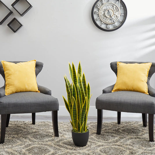 33 Inch Sansevieria plant Nearly Natural in a black pot with yellow-edged green leaves on Tampa Home & Garden Store