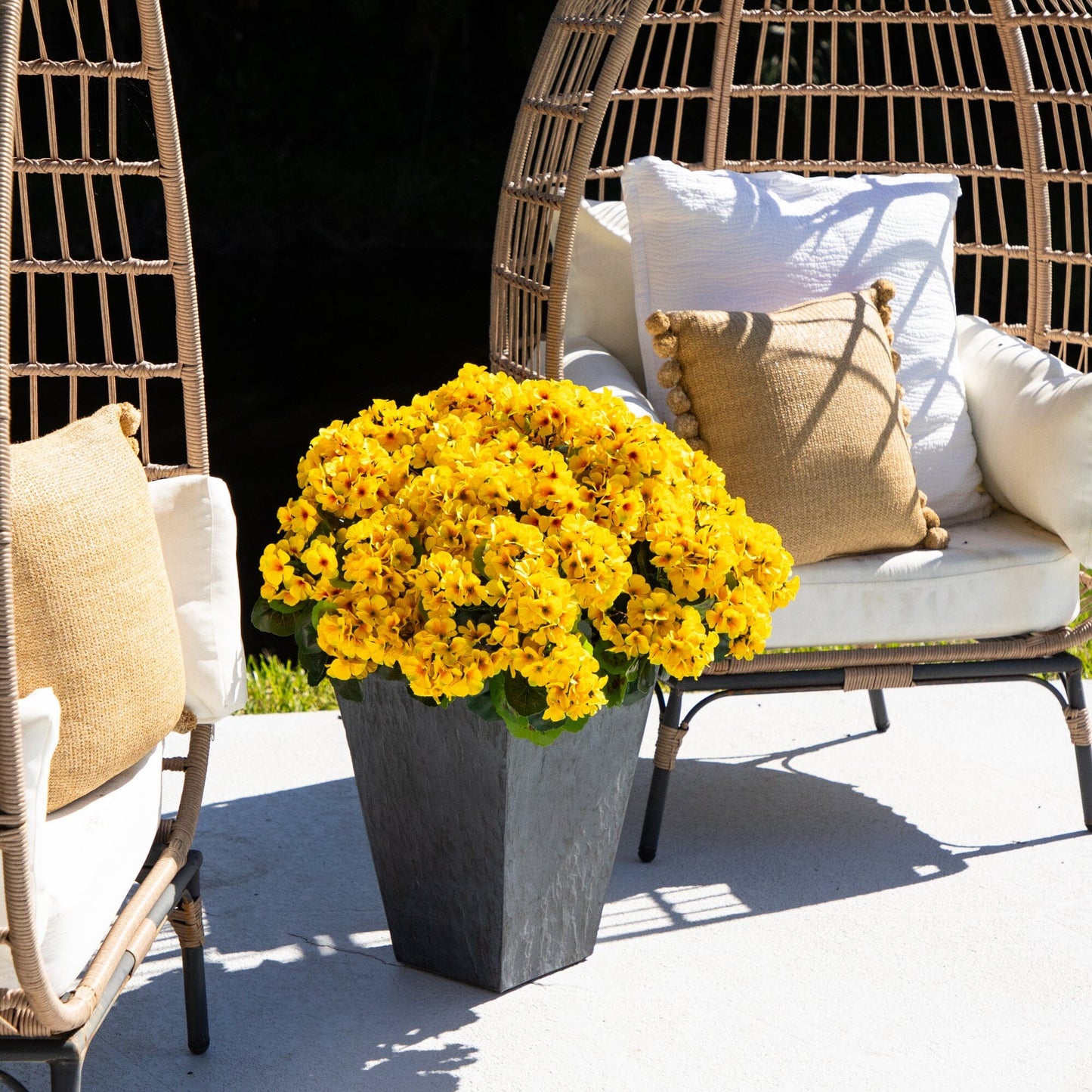 Geranium plant in slate ceramic planter, 33in UV resistant, Nearly Natural, yellow blooms on Tampa Home & Garden Store